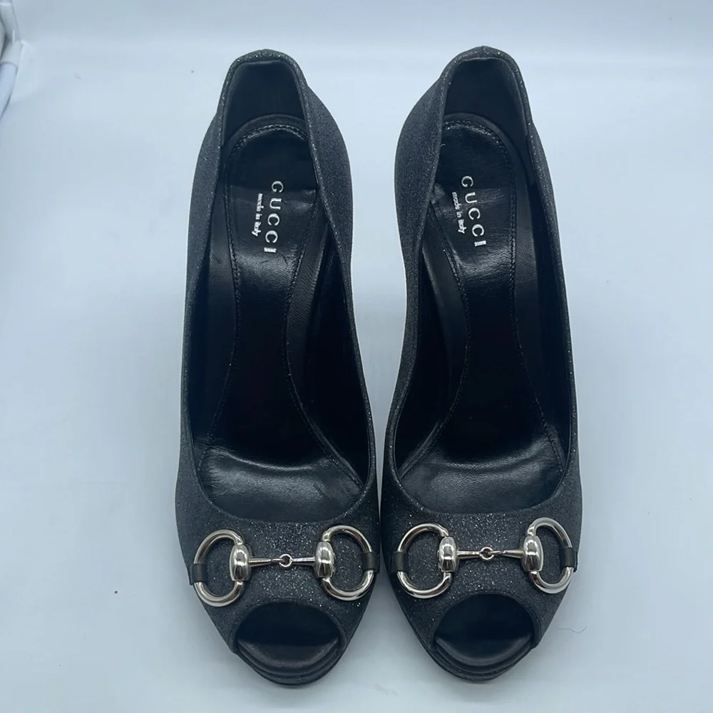 Gucci Black Leather silver glitter peep toe horsebit pumps 37